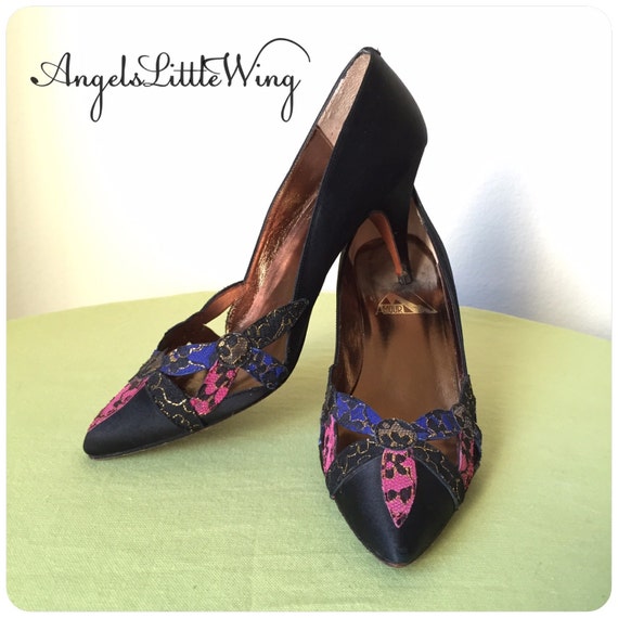 heels back damage high your can Pumps Accents Leather Lace Toe ~ Black Overlay Heels 7.5 Pointy ~ Sz ~