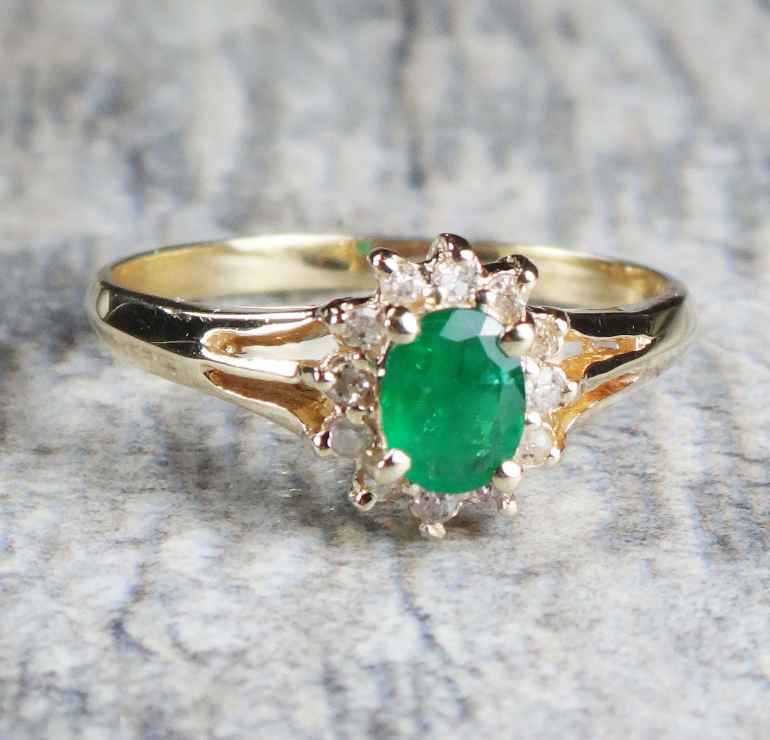 Vintage 14k Gold Emerald Diamond Ring 14k Yellow Gold Genuine