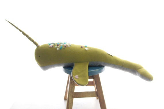 Ready to Ship Olive Green Narwhal/Handmade Toy/Handmade Stuffed Toy/Narwhal/Children's Toy/Plush Toy