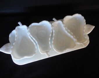 Vintage Imperial Milk Glass Five Piece Serving Set..Pear Shaped Bowls with Tray...