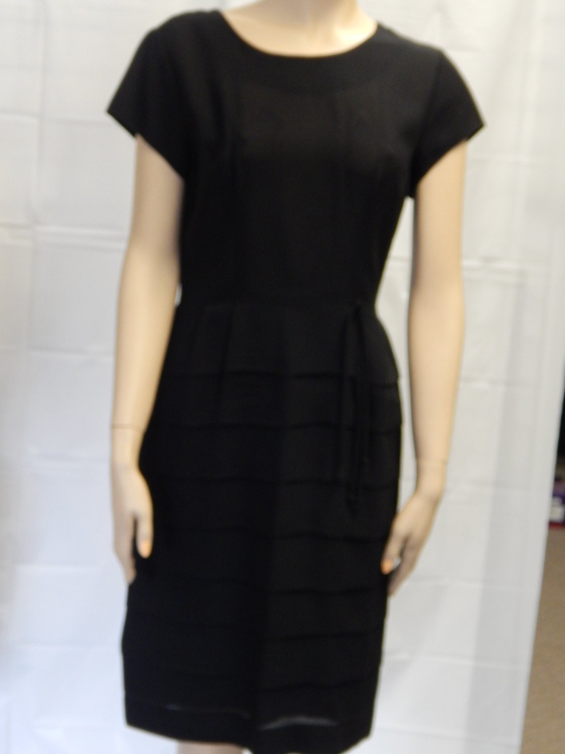 60's Vintage Black Crepe Dress with tiered Skirt