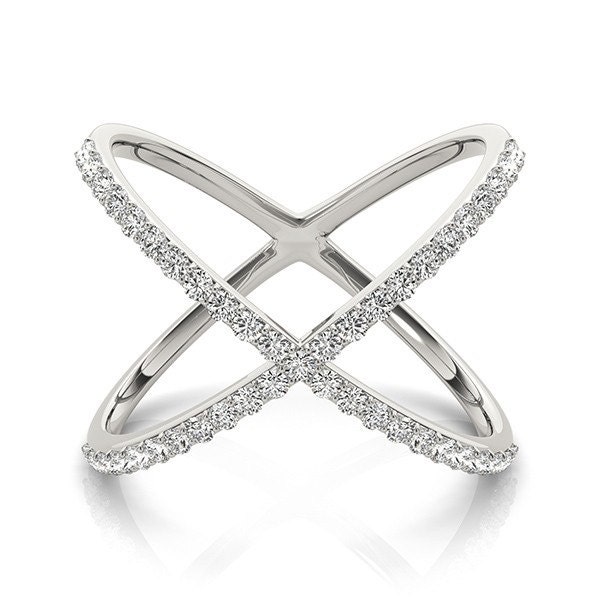14kt Gold Diamond Criss Cross X Ring 14K White Diamond Ring