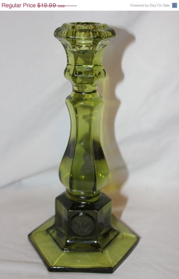 ON SALE Fostoria Coin Green/ Avocado/ Olive Glass Candlestick 8" Tall