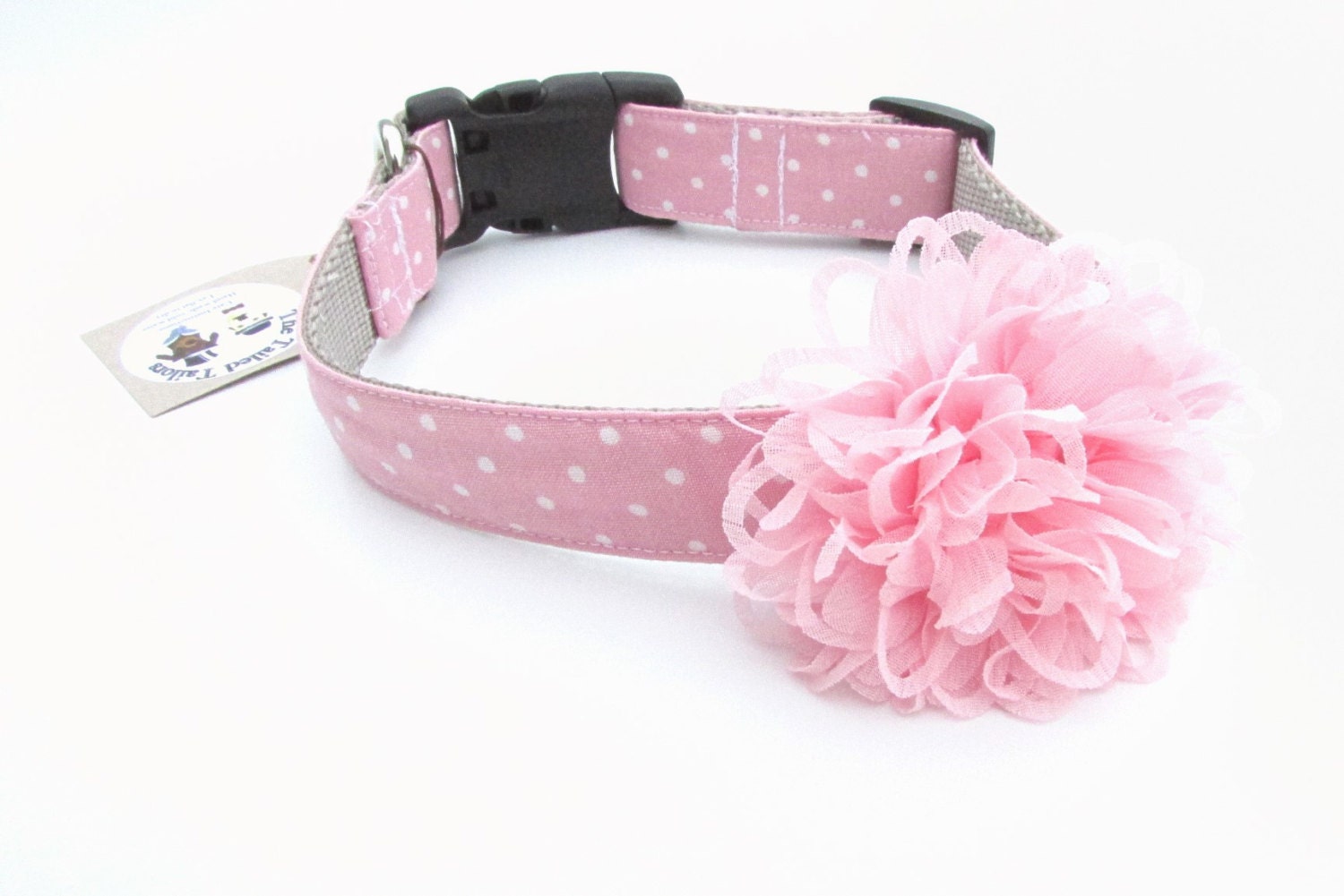 Light Pink Polka Dot Dog Collar with Chiffon Flower Leash