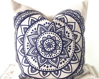 Bohemian cushion cover, mandala cushion, lotus flower pillow, hippie pillow cover, navy cushion cover, decor cushion
