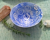 Ceramic Bowl with Blue Glace and White Spiral Pattern, Vintage, OOAK
