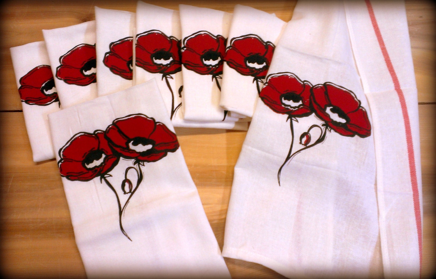 Red Poppies HandPrinted Kitchen Towel by CapGunConsortium on Etsy