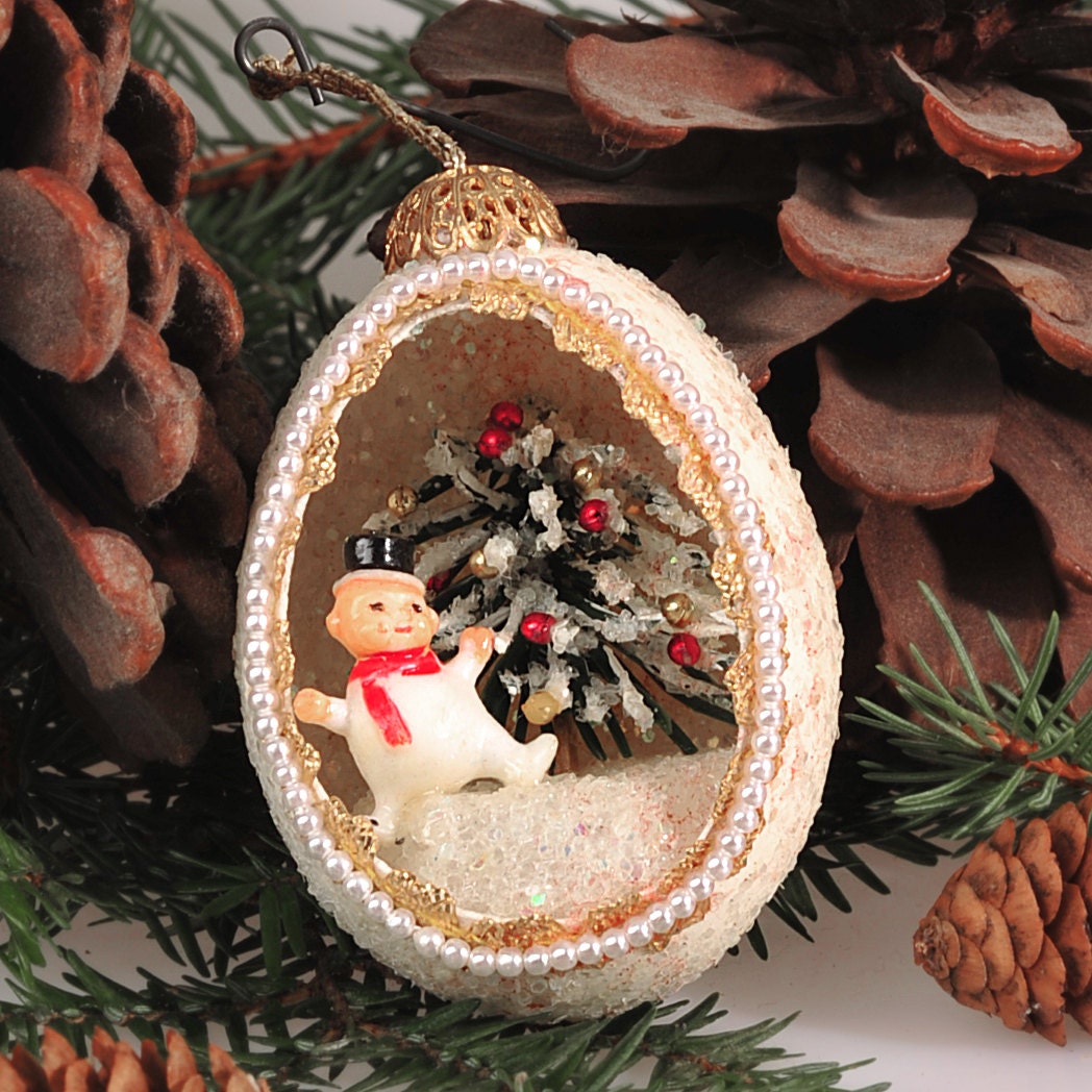 Vintage Christmas Ornaments Egg Shell Diorama Handmade