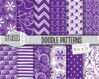 Purple Digital Paper: DOODLE PATTERNS Printable Pattern Print, Purple Download, 8 1/2 x 11 Purple Patterns Backgrounds Scrapbook