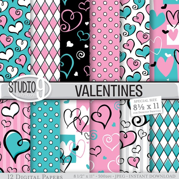 PINK & TEAL VALENTINES Patterns 8 1/2 x 11 Digital