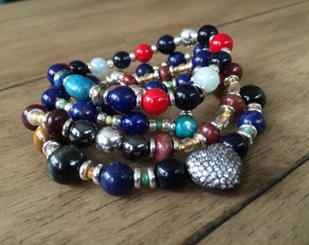 Vision of Love/ Gemstone Bracelets/ Boho Chic Bracelets/ Beadwork Bracelets/Lapis Jasper Coral Pave Heart Bracelets/ Multi-Gemstone Bracelet