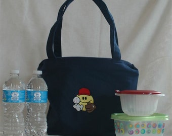 Blue Insulated Handmade Lunch Canvas Baseball Embroidered Eco-friendly Zippered Medium Sturdy Tote Bag