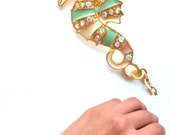 FREE SHIPPING! Gold Sea Horse Bracelet - Golden Enamel Bracelet with Crystals - Pastel Colored Jewelry - Mint and Lemon - Ukrainian Jewelry