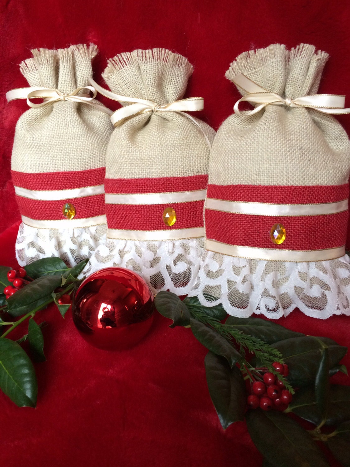 Natural and Red Burlap Gift Bags Natural and Red Burlap Gift