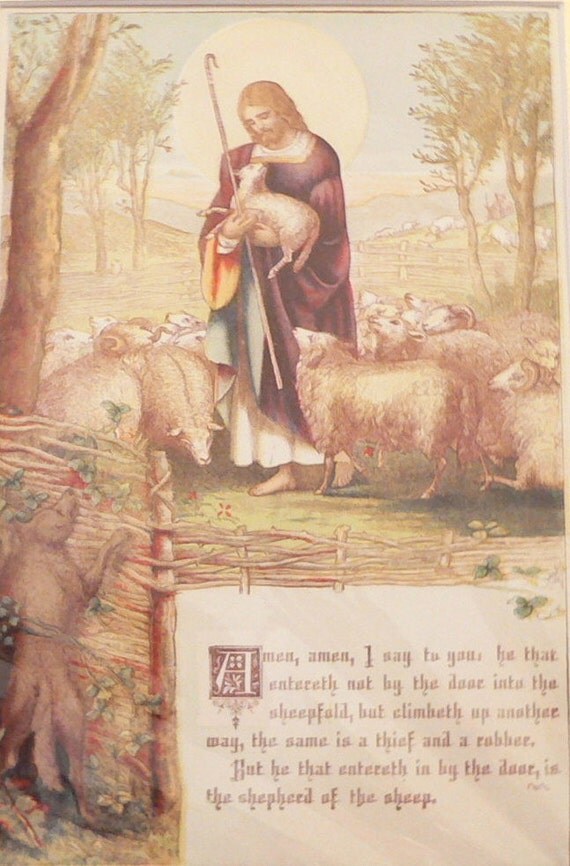1884 Jesus with Lamb & Sheep Matted Antique by