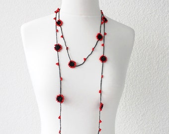 Crochet Jewelry, Beaded Necklace, Hand Crocheted Lariat Necklace, Crochet Flower Necklace