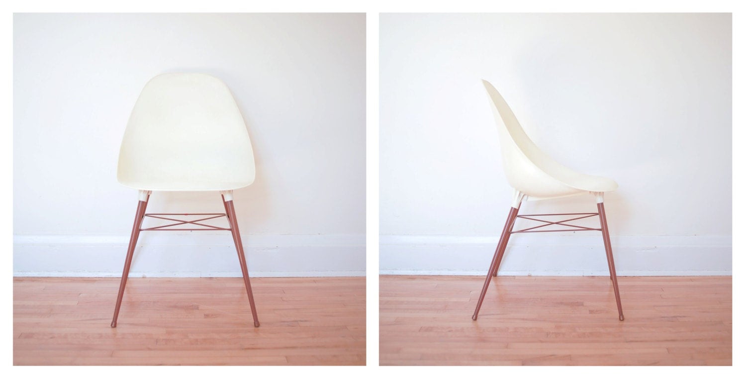White Molded Plastic Eames Style Shell Chair with Brown Aluminum Legs