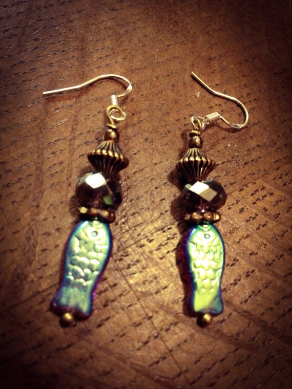 Items similar to Glass fish vintage style earrings 925 silver ear wires