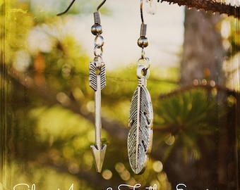 Feather Earrings, Feather Jewelry, Arrow Earrings, Arrow Jewlery, Archery Jewelry - Silver Arrow & Feather Earrings