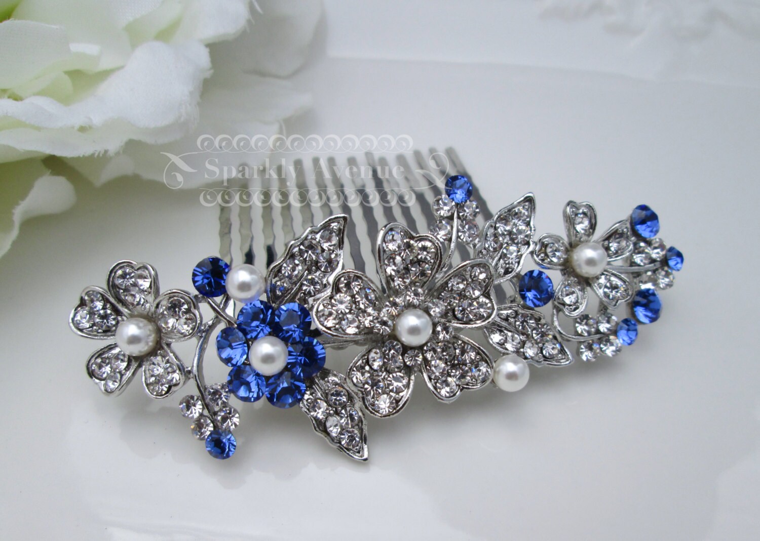 Bridal Hair Comb Blue Wedding Accessory Sapphire Crystal