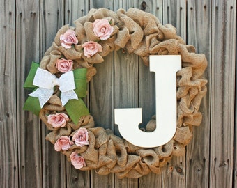 Beautiful custom monogram spring / summer burlap rose wreath