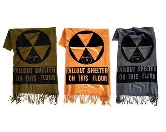 Fallout Shelter scarf. Atomic Era, linen weave pashmina, black silkscreen print. Prepare for the zombie apocalypse, nuclear winter.