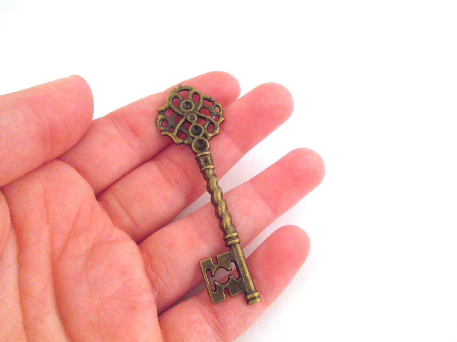 3 brass skeleton key pendant charms 68x21mm