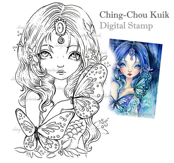 Blue Sea Illusion - Digital Stamp Instant Download / Gemstone Butterfly Mermaid Fairy Girl Fantasy Art by Ching-Chou Kuik