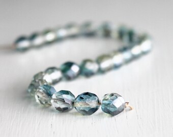 25 Blue/Clear/Topaz 8mm Faceted Rounds Czech Glass Beads, Fire Polished Beads, 8mm Beads, 8mm Faceted Beads