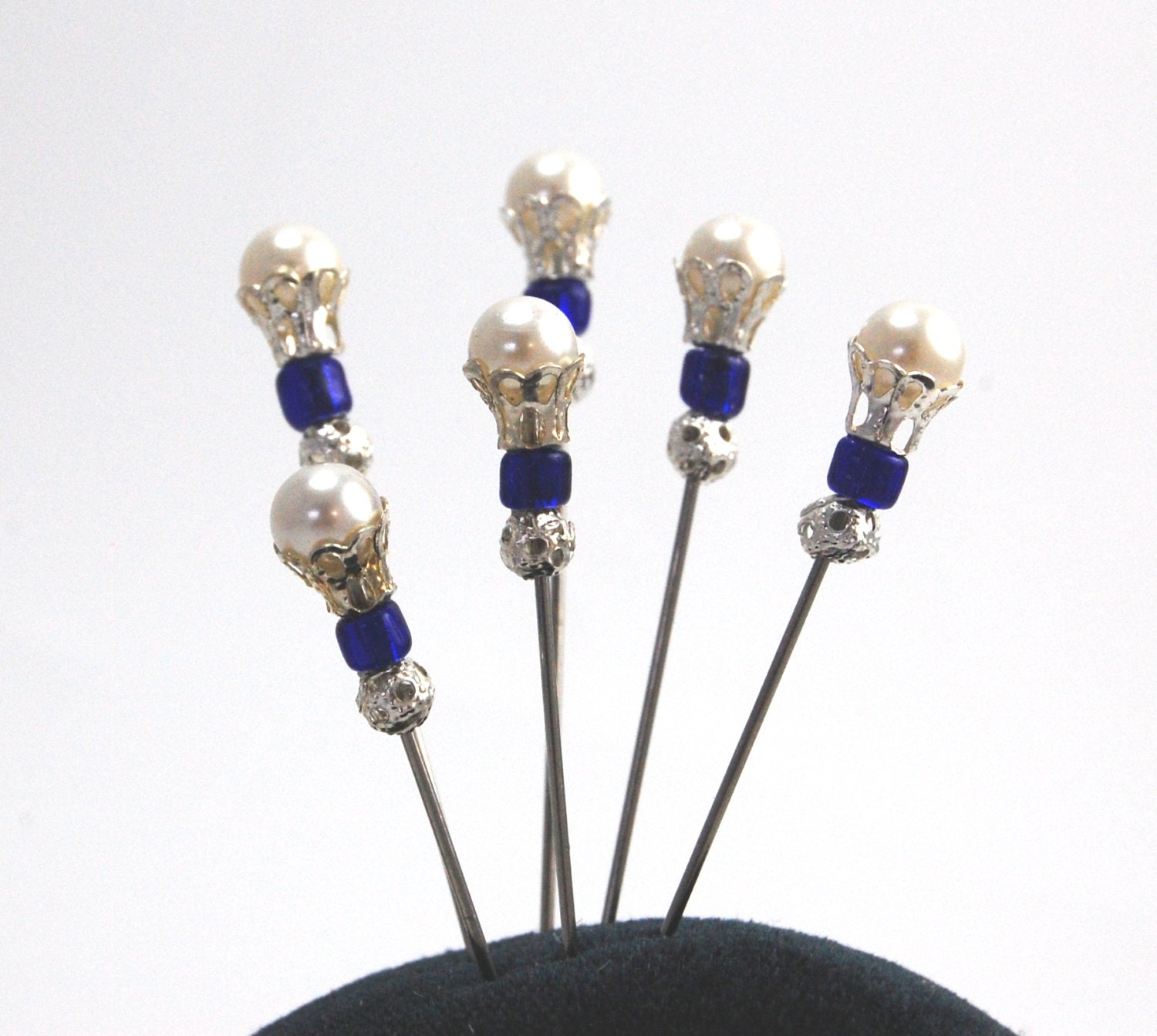 Pearl Pins Set of 6 medium long with silver plated filigree