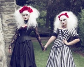 Tim Burton Wedding Gown - Black White Stripe Victorian Steampunk Dress - Night Circus- Custom to Order