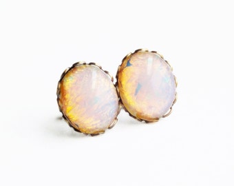 Opal Stud Earrings Vintage Domed Glass Cabochon Posts Hypoallergenic White Opal Jewelry Bridesmaid Gifts For Women