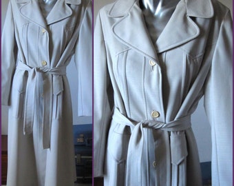 Vintage White Gray Knee Length Belted Spring Trench Jacket