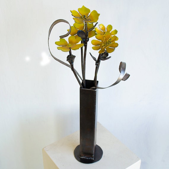 Flower vase sculpture Yellow wild flower art Metal vase