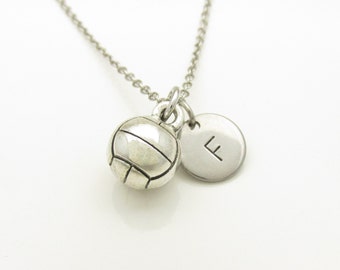 Volleyball Necklace, Volleyball Charm, Initial Necklace, Personalized Stamped Initial Letter, Monogram, Silver Volleyball, Sports Charm Y185
