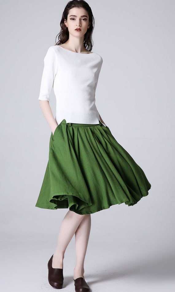 Green linen skirt midi skirt women skirt (1188)