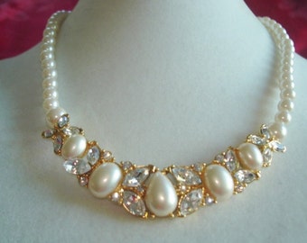 Trifari Pearl Gold Tone Rhinestone Necklace