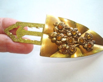 Fur Clip Topaz Clear Rhinestone Brooch Gold Tone