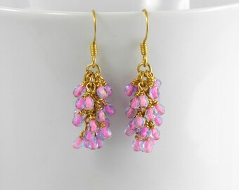 Pink in Sapphire Blue Glass Cascade Dangle Earrings in Gold