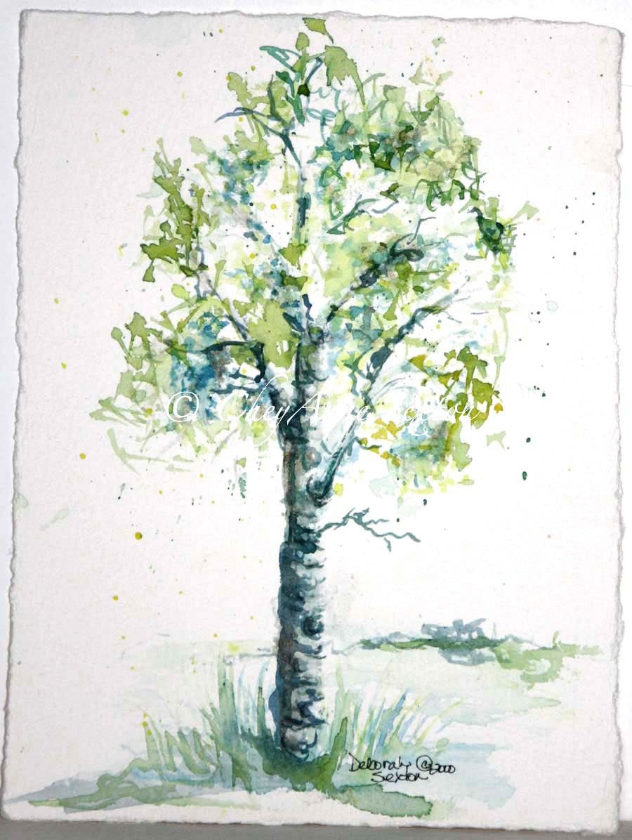 Aspen Tree watercolor Painting giclee print lime green