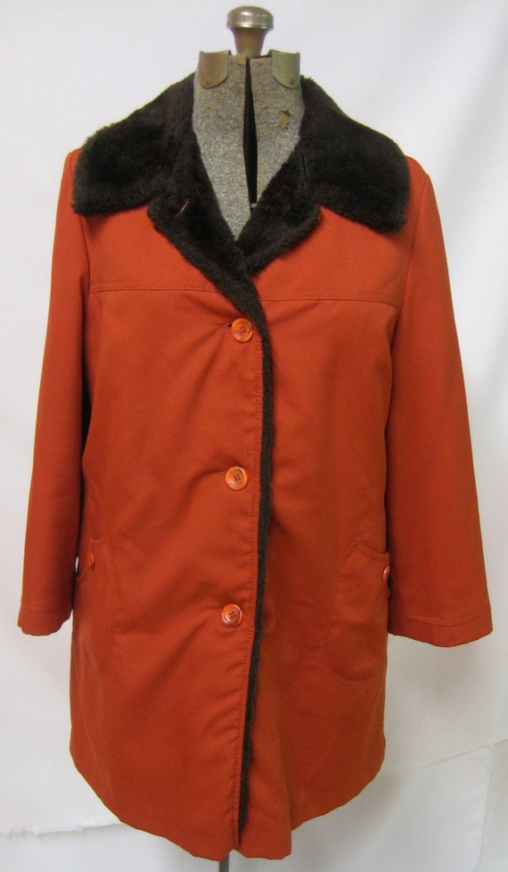 1970s burnt orange winter coat with brown faux by polygolightly