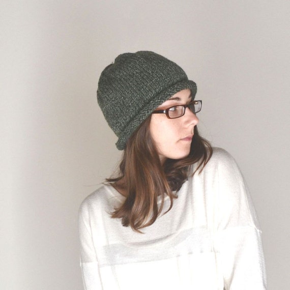 Brim Hat  Knit mens hat  Army beanie with Beanie Mens Slouchy brim Slightly Rolled Hand Green