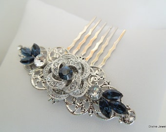 Bridal Blue Swarovski Crystal Wedding Comb Wedding Hair Accessories Vintage Style Leaf Rhinestone Bridal Hair swarovski hair Comb ROSELANI