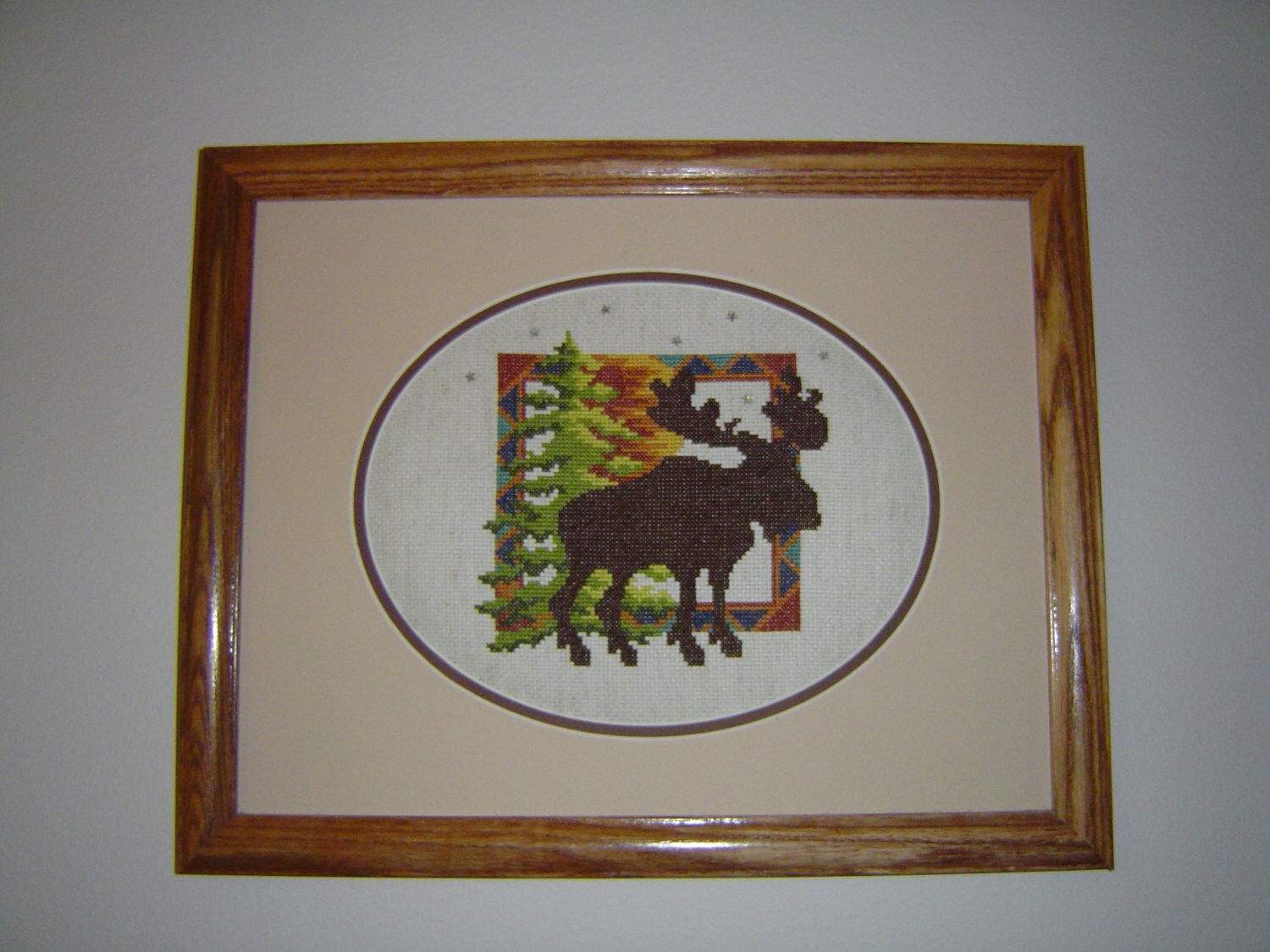 Moose Wall Art Counted Cross Stitch Matted and framed.