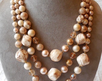 Chunky 3 Strand Choker Necklace w/ Pearlized Tan Beads & Crystals MP24