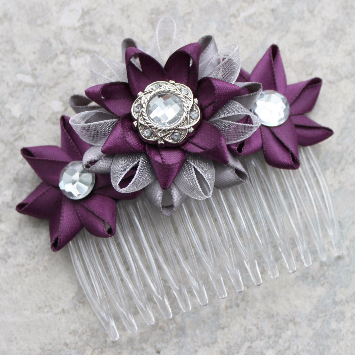 Flower Hair Comb Deep Purple Hair Accessory Silver and