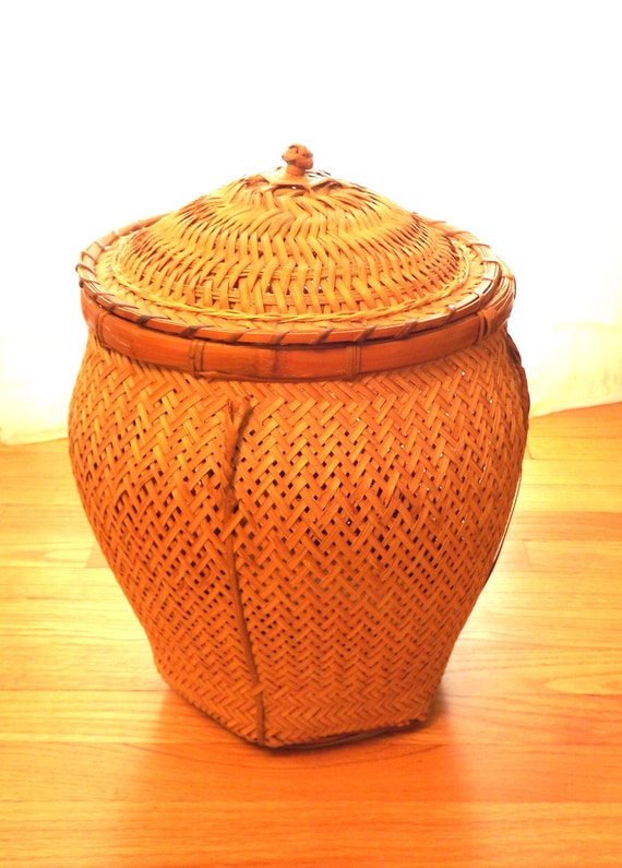 Bamboo Basket with Lid Vintage Woven Floor Basket Craft
