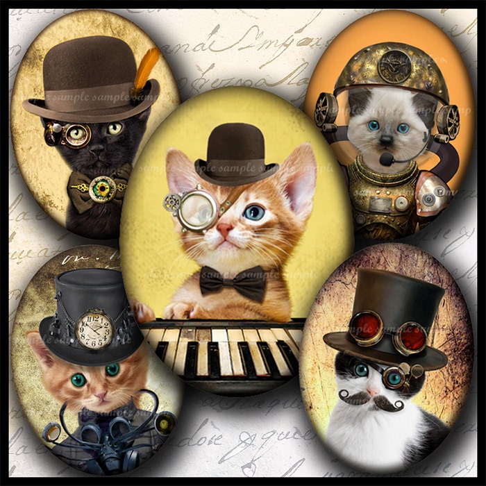 INSTANT DOWNLOAD Steampunk Cat (737) 4x6 and 8.5x11 Oval 30x40mm Printable Digital Collage Sheet  glass tiles cabochon cameo pendants images