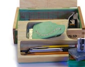 Portable Office Supply Set II- Custom cigar box kit of vintage / new / used office supplies - scissors, paper, pencils, ruler. Scrap wood