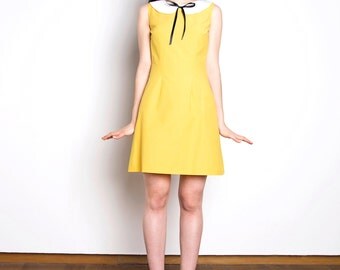 Peter pan collar dress cotton yellow white bow mod 1960s dress